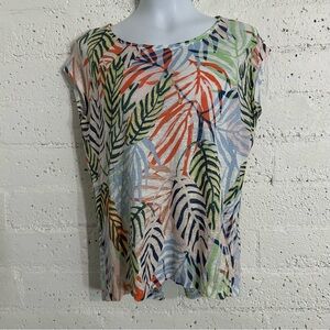 Tahari Womens Top M 100% Linen Palm Leaves Tropical Faux Button Back  BL3